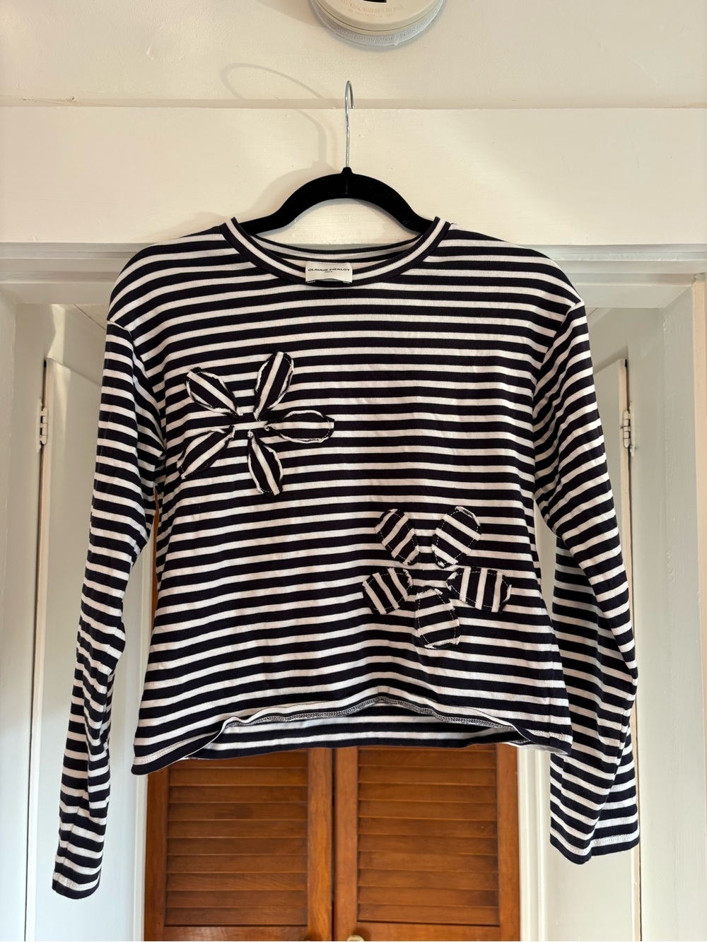 Claudie Pierlot Black & White Striped Long-Sleeve Top with Appliqué Flowers